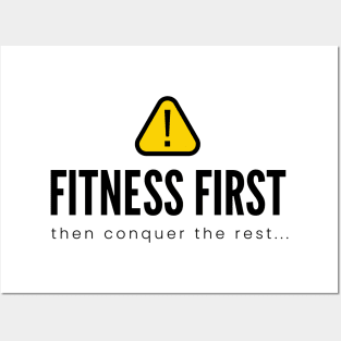 FITNESS FIRST then conquer the rest... | Minimal Text Aesthetic Streetwear Unisex Design for Fitness/Athletes | Shirt, Hoodie, Coffee Mug, Mug, Apparel, Sticker, Gift, Pins, Totes, Magnets, Pillows Posters and Art